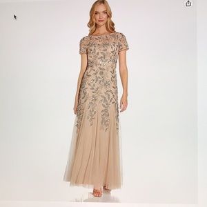 Adrianna  Papell Women’s Floral Beaded Godec Gown Dress, Taupe/Pink, size 12